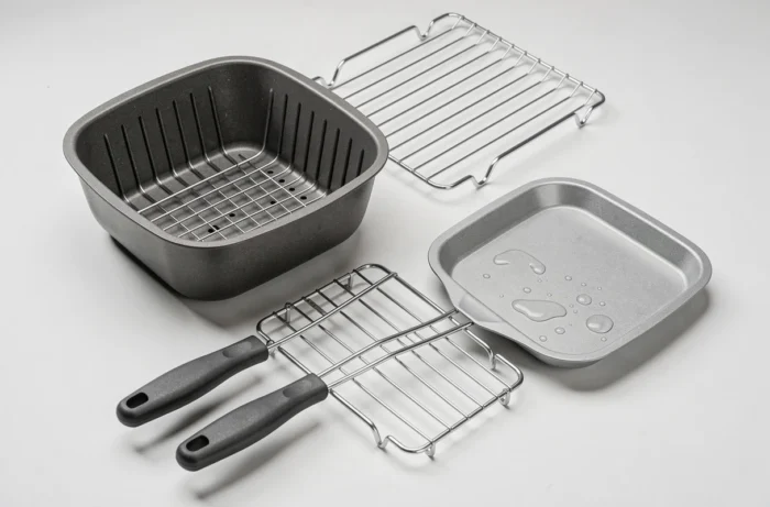 Accessoires compatibles lave-vaisselle d'une friteuse à air chaud disposés en flat-lay sur surface blanche