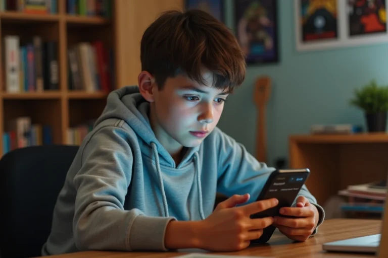 Adolescent consultant les paramètres de Family Link sur son smartphone dans sa chambre