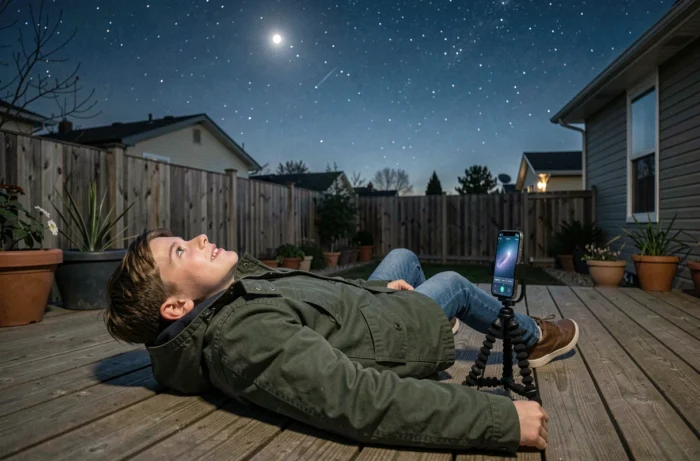 Adolescent allongé sur une terrasse observant le ciel nocturne avec une application d'astronomie sur smartphone