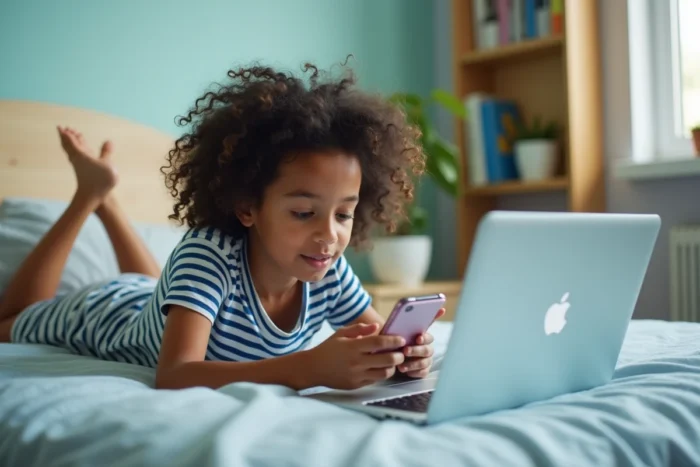 Adolescente recherchant des astuces pour contourner Family Link sur son téléphone et son ordinateur
