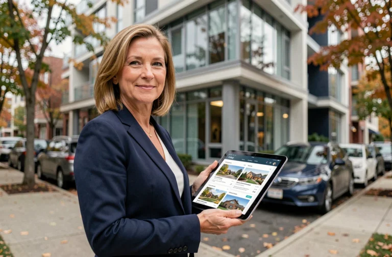 Agent immobilière professionnelle tenant une tablette devant un immeuble résidentiel moderne en 2024