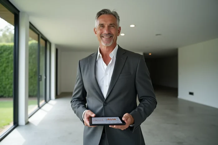 Agent immobilier présentant des annonces et tendances du marché immobilier 2024 sur une tablette dans une villa haut de gamme