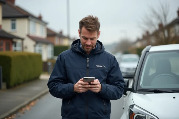 Aide à domicile ADMR vérifiant son planning sur smartphone devant son véhicule de service en zone résidentielle