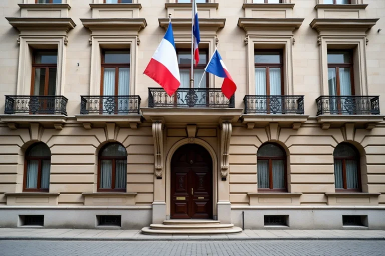 Façade de l'ambassade de France à Belgrade avec les drapeaux français et serbe