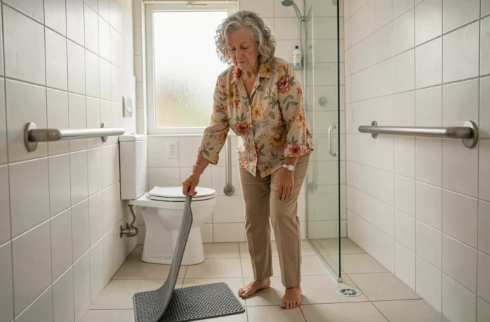 Femme âgée installant des équipements de sécurité dans la salle de bain pour éviter les chutes