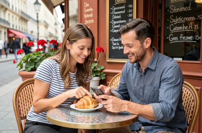 Deux amis consultant un smartphone autour d'un croissant à la terrasse d'un café parisien typique