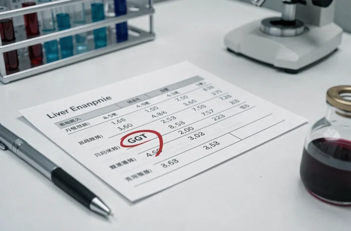Feuille d'analyse médicale montrant un résultat de gamma GT élevé dans un laboratoire clinique