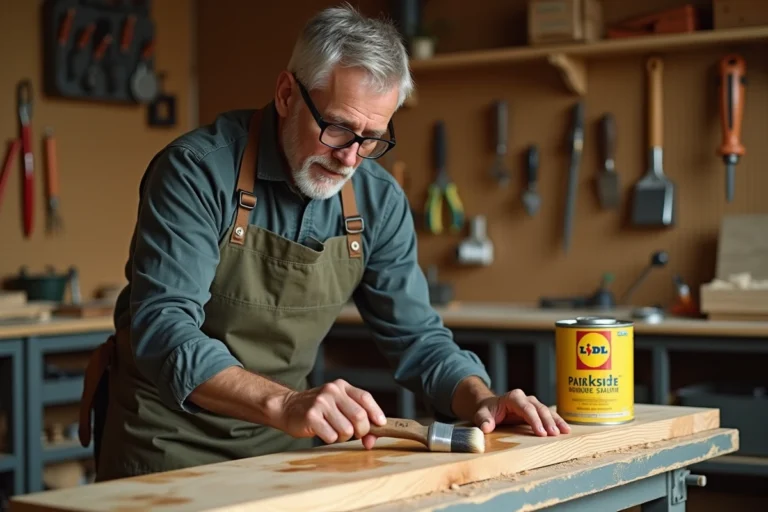 Homme appliquant la lasure polyuréthane Parkside Lidl sur une planche en bois dans un atelier de bricolage