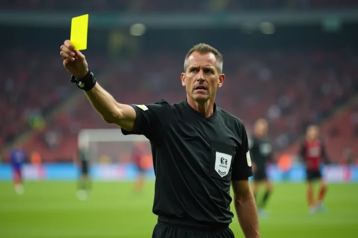Arbitre de football brandissant un carton jaune lors d'un match de Coupe du monde