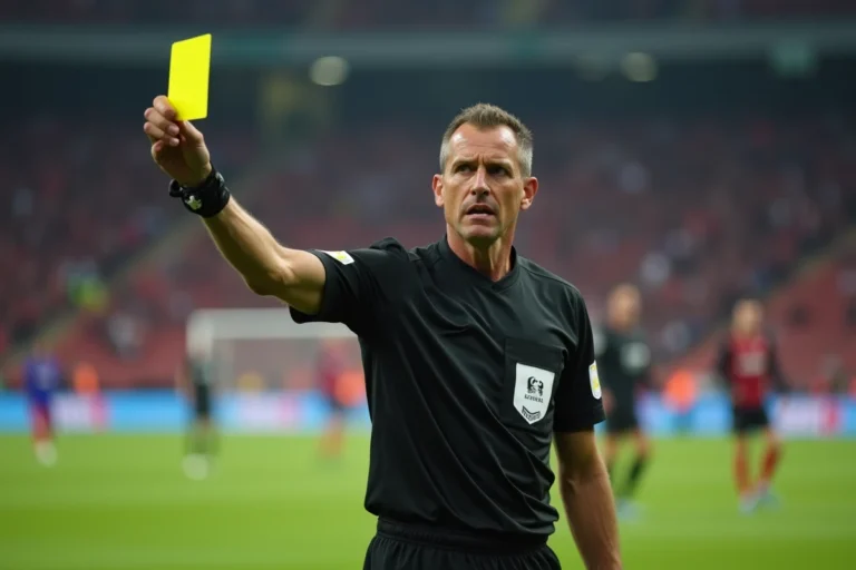 Arbitre de football brandissant un carton jaune lors d'un match de Coupe du monde