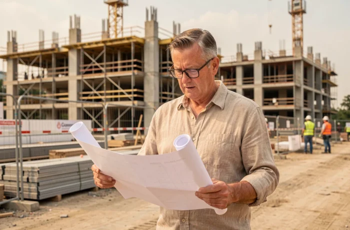 Architecte examinant des plans sur un chantier de construction immobilière urbaine en France