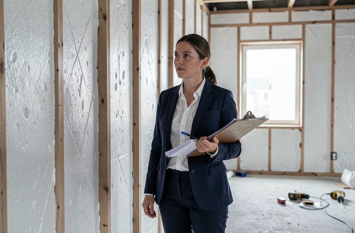 Architecte inspectant des panneaux en polystyrène dans une maison en construction