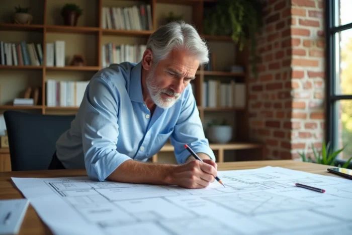 Architecte examinant des plans et estimations de coûts pour une extension de maison