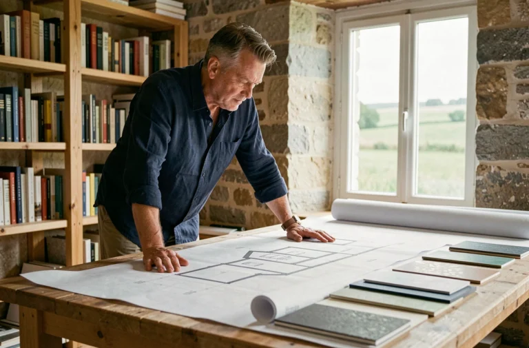 Architecte breton examinant des plans de construction de maison sur mesure dans son studio