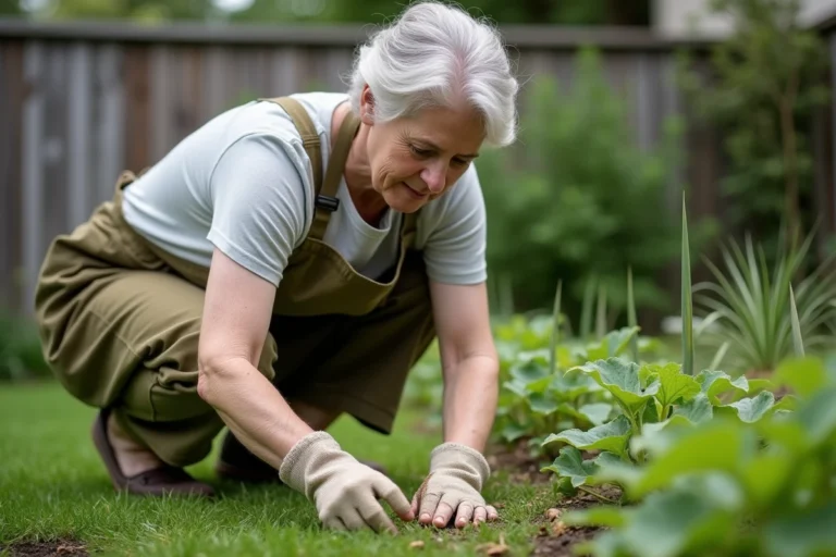 Femme qui arrache du pourpier à la main dans une pelouse de jardin en portant des gants de jardinage