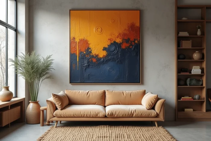 Grande peinture à l'huile originale en technique impasto aux tons ocre et cobalt accrochée sur un mur en enduit brut dans un salon contemporain avec canapé en velours