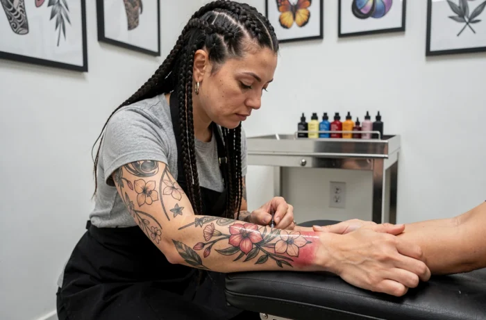Artiste tatoueuse photographiant un tatouage de freesia botanique fraîchement réalisé sur l'avant-bras d'un client en studio
