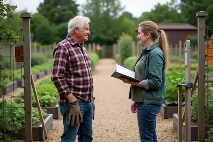 Homme discutant avec une bénévole d'une association de jardins familiaux à l'entrée d'un jardin partagé