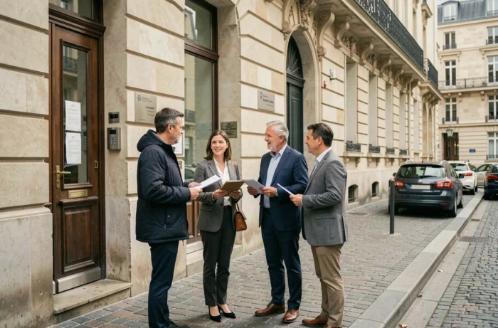 Groupe d'associés devant un greffe du tribunal de commerce pour immatriculer leur SCI
