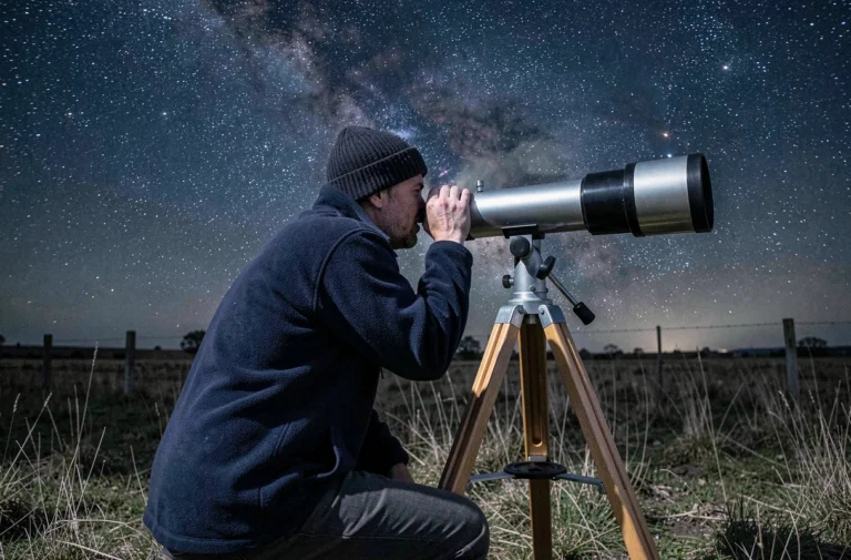 Astronome amateur observant le ciel étoilé avec un télescope réfracteur dans un champ la nuit