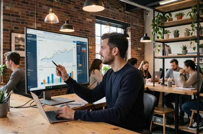 Blogueur analysant des statistiques de contenu sur un écran dans un espace de coworking moderne, symbole des nouvelles pratiques du blogging