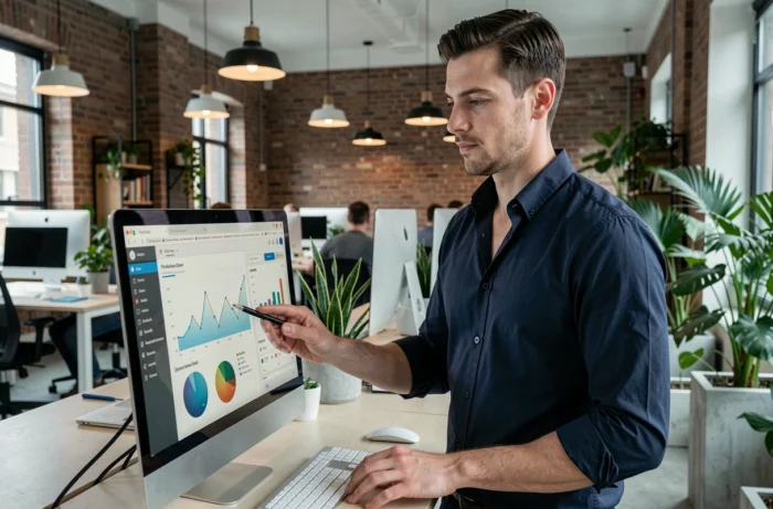Homme analysant les statistiques de son blog sur un grand écran dans un espace de coworking moderne