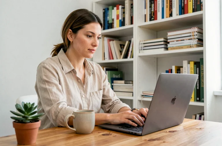 Blogueuse travaillant sur son ordinateur portable dans un bureau à domicile cosy, illustrant les tendances du blogging en 2024