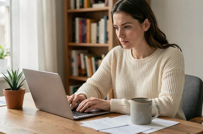 Femme blogueure travaillant sur son ordinateur portable dans un bureau à domicile chaleureux, entourée de notes et d'une tasse de café