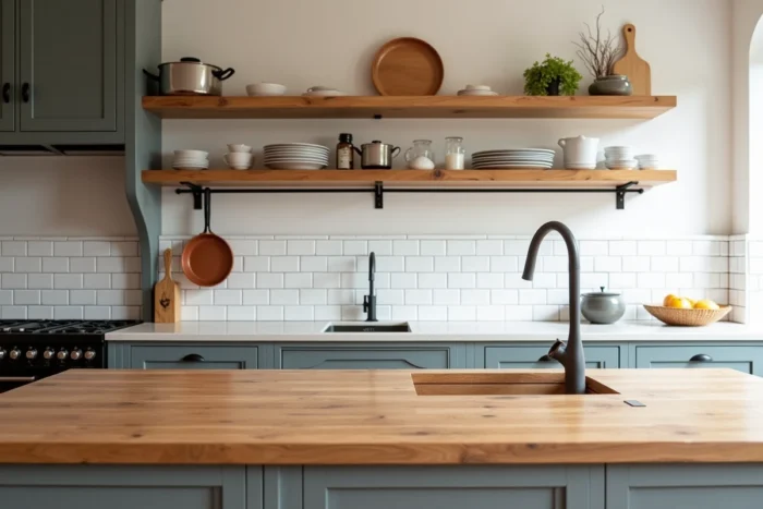 Plan de travail et étagères en chêne massif local avec grain naturel et finition huilée matte dans une cuisine contemporaine au carrelage blanc