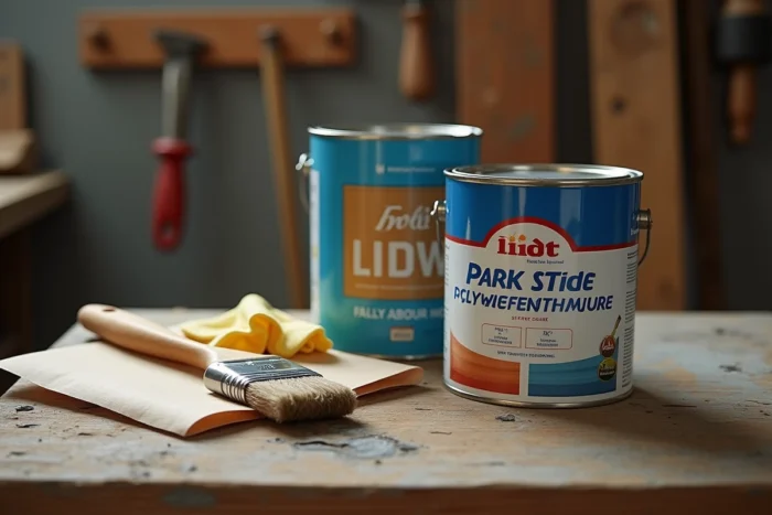 Gros plan sur des boîtes de lasure polyuréthane Parkside Lidl avec accessoires de peinture sur un établi en bois