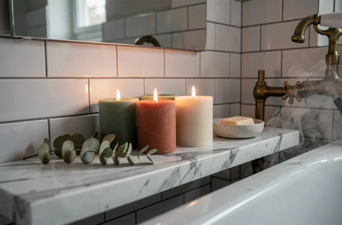 Trois bougies artisanales aux teintes naturelles sur une étagère en marbre dans une salle de bain élégante, décor bien-être et rituel de soin