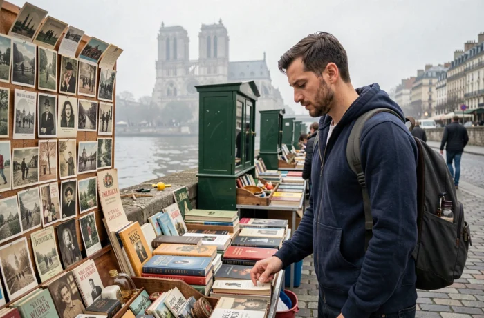 Homme parcourant les bouquinistes au bord de la Seine avec des boîtes vertes et la silhouette de Notre-Dame