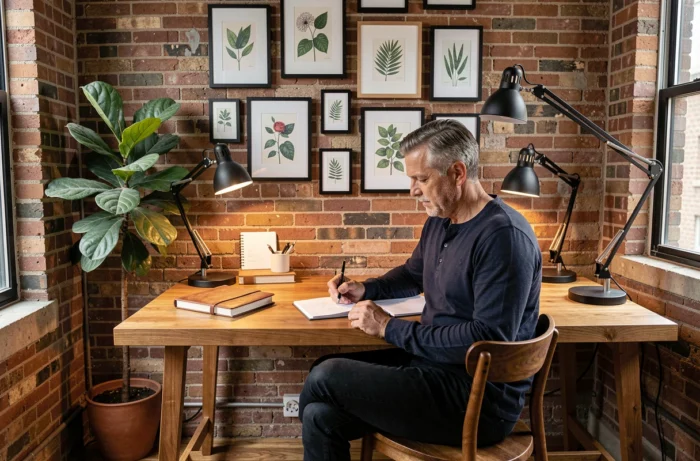 Homme travaillant dans un bureau à domicile décoré avec mur en briques apparentes, galerie de cadres botaniques et bureau en chêne massif dans un loft moderne
