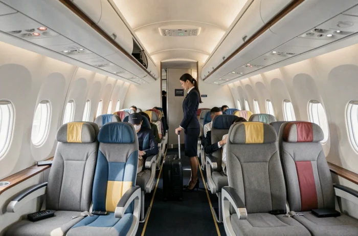 Cabine intérieure d'un avion moderne avec hôtesse de l'air et sièges passagers ergonomiques