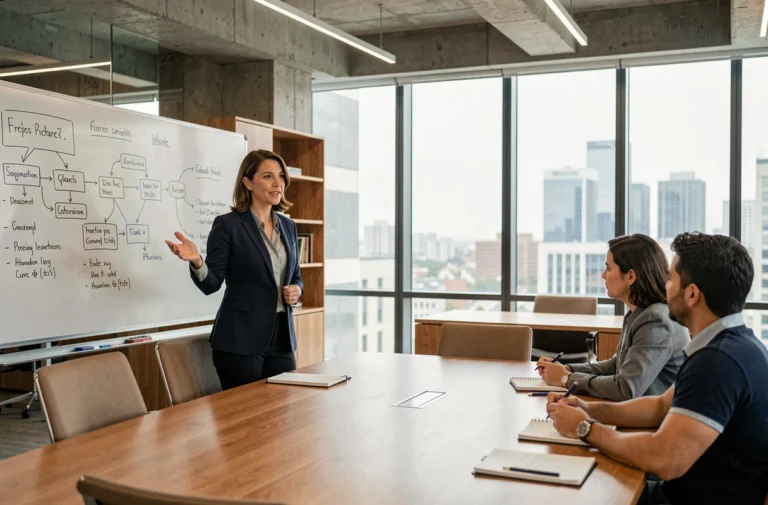Cadre féminine animant une session de développement du leadership avec son équipe dans un bureau moderne