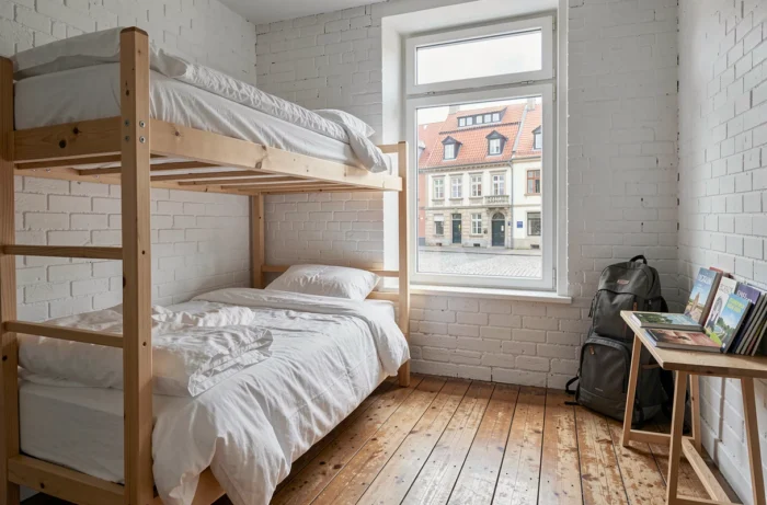 Chambre privée dans un hostel moderne au style scandinave avec vue sur une rue pavée européenne