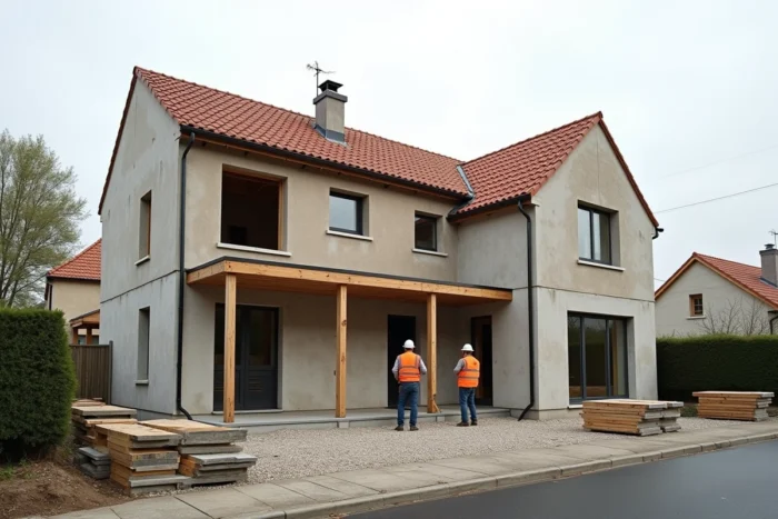 Chantier d'extension de maison avec murs en parpaing et charpente bois en cours de construction