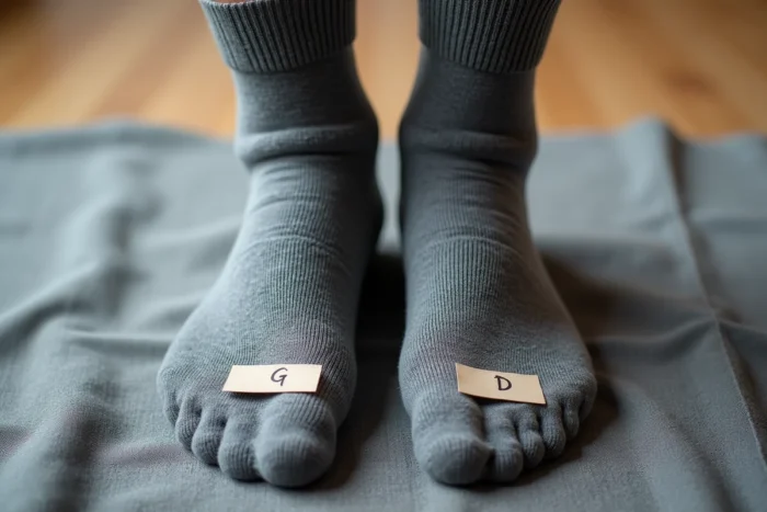 Chaussettes anatomiques gauche et droite identifiées avec des étiquettes G et D sur surface en lin