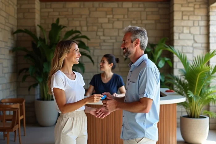 Couple effectuant le check-in dans un hôtel boutique pendant leurs vacances