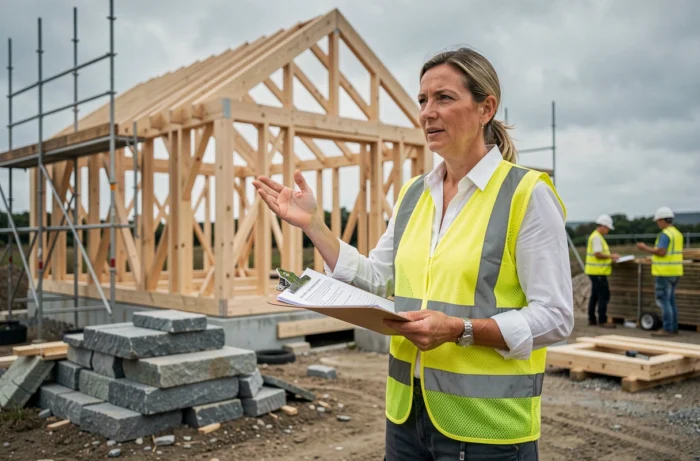 Chef de chantier supervisant la construction d'une maison individuelle en Morbihan