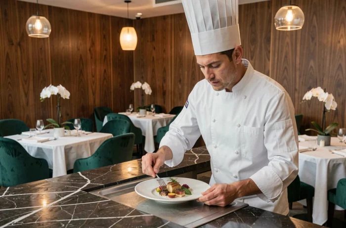 Chef étoilé en train de dresser une assiette gastronomique dans le restaurant raffiné d'un hôtel 8 étoiles au décor en velours et noyer