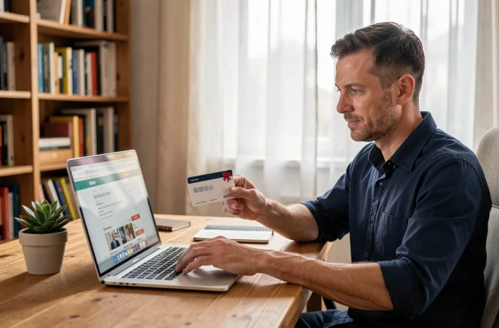 Homme utilisant un chèque Kadéos Infini pour faire des achats en ligne sur son ordinateur portable