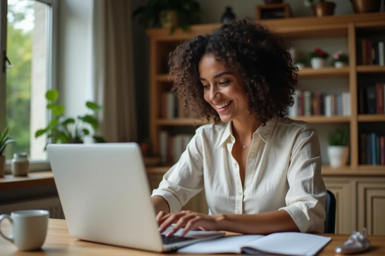 Femme consultant des hébergements de vacances sur un ordinateur portable dans un bureau à domicile chaleureux