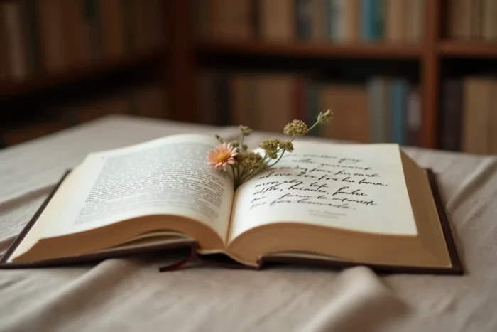 Un livre ouvert avec une citation littéraire manuscrite sur une carte glissée entre les pages