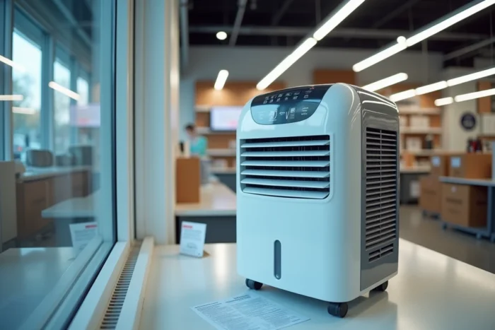 Climatiseur mobile exposé en rayon dans un magasin Electro Dépôt avec étiquette de prix et signalétique produit