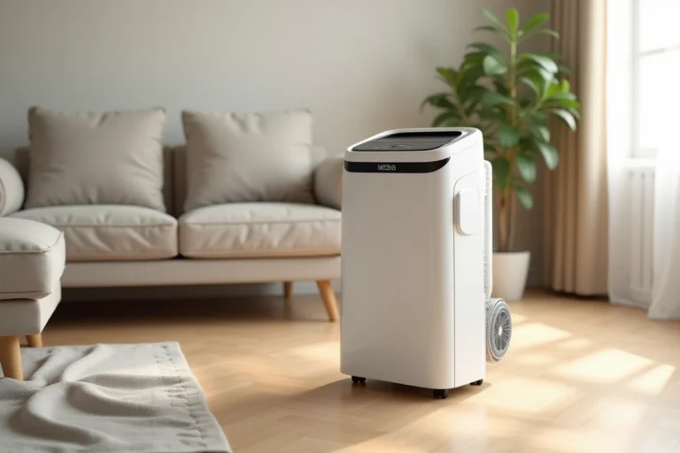 Climatiseur mobile Valberg posé dans un salon moderne sur parquet clair, avec tuyau d'évacuation dirigé vers une fenêtre entrouverte