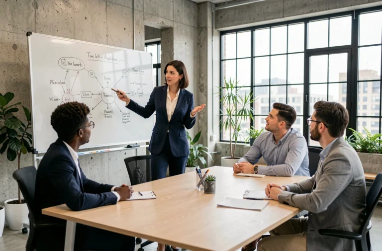 Coach professionnelle animant un atelier d'accompagnement sur-mesure pour entrepreneurs dans un espace de coworking moderne