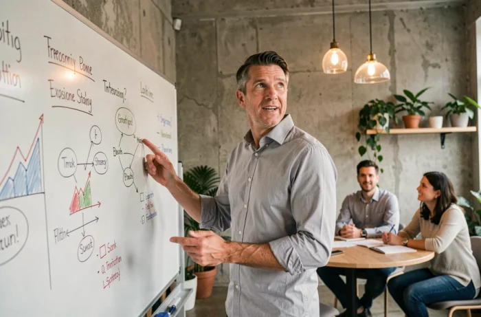 Coach en business animant une session de formation stratégique pour professionnels dans un espace de coworking