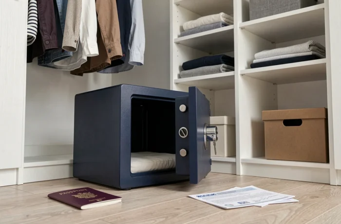 Coffre-fort ignifuge avec passeport et documents importants rangés dans un placard de chambre à coucher