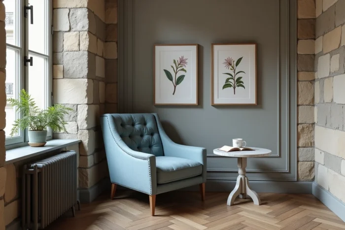 Coin lecture cosy avec fauteuil en lin bleu, table en marbre et cadres botaniques sur un mur en pierre dans un appartement parisien